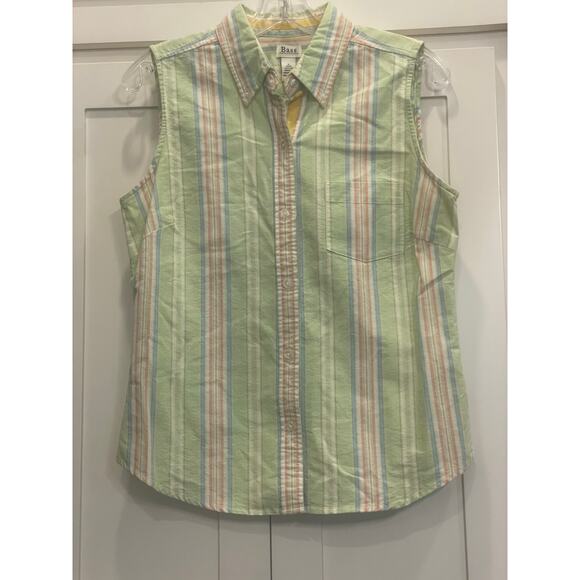 BASS Sleeveless button up Camp Shirt mint green/pink stripe Small 100% Cotton - Picture 1 of 8
